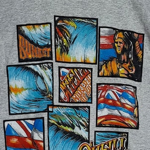 May include: Gray O'Neill t-shirt featuring a collage of surfing-themed graphics. The design includes images of waves, a surfer, and flags, with the words "Sunset" and "O'Neill World Championship of Surfing" in a stylized font.