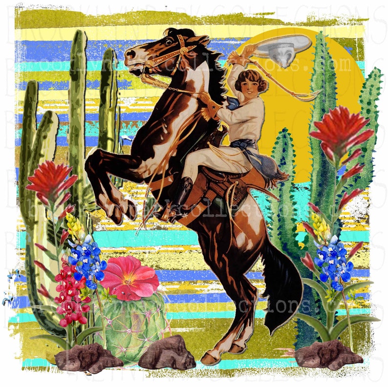 Cowgirl, Rodeo, Bucking Horse, Cactus, Southwest, INSTANT DIGITAL Download, Sublimation PNG, Art Print image 1