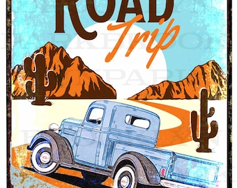 Road Trip, Vintage Truck, Cactus, Mountains, INSTANT Digital DOWNLOAD, Sublimation PNG, Art Print