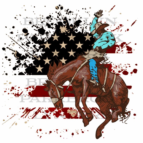 American Bronco Rider, Rodeo, Cowboy, Flag, DIGITAL Download, Sublimation PNG, Art Print, cheval