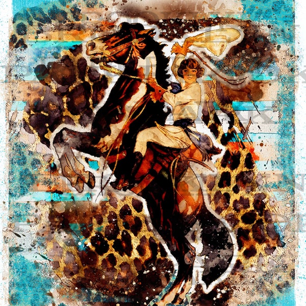 Grunge, Southwest, Rodeo Cowgirl, Bucking Horse, Téléchargement NUMÉRIQUE instantané, Sublimation PNG, Graphiques, Aquarelle