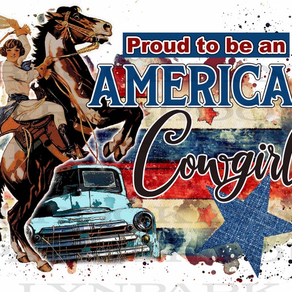 Fier American Cowgirl, Bucking Horse, Drapeau, Téléchargement NUMÉRIQUE instantané, Sublimation PNG, Art Print