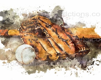 Watercolor Baseball, bat glove art, Instant Digital Download, Sublimation PNG,