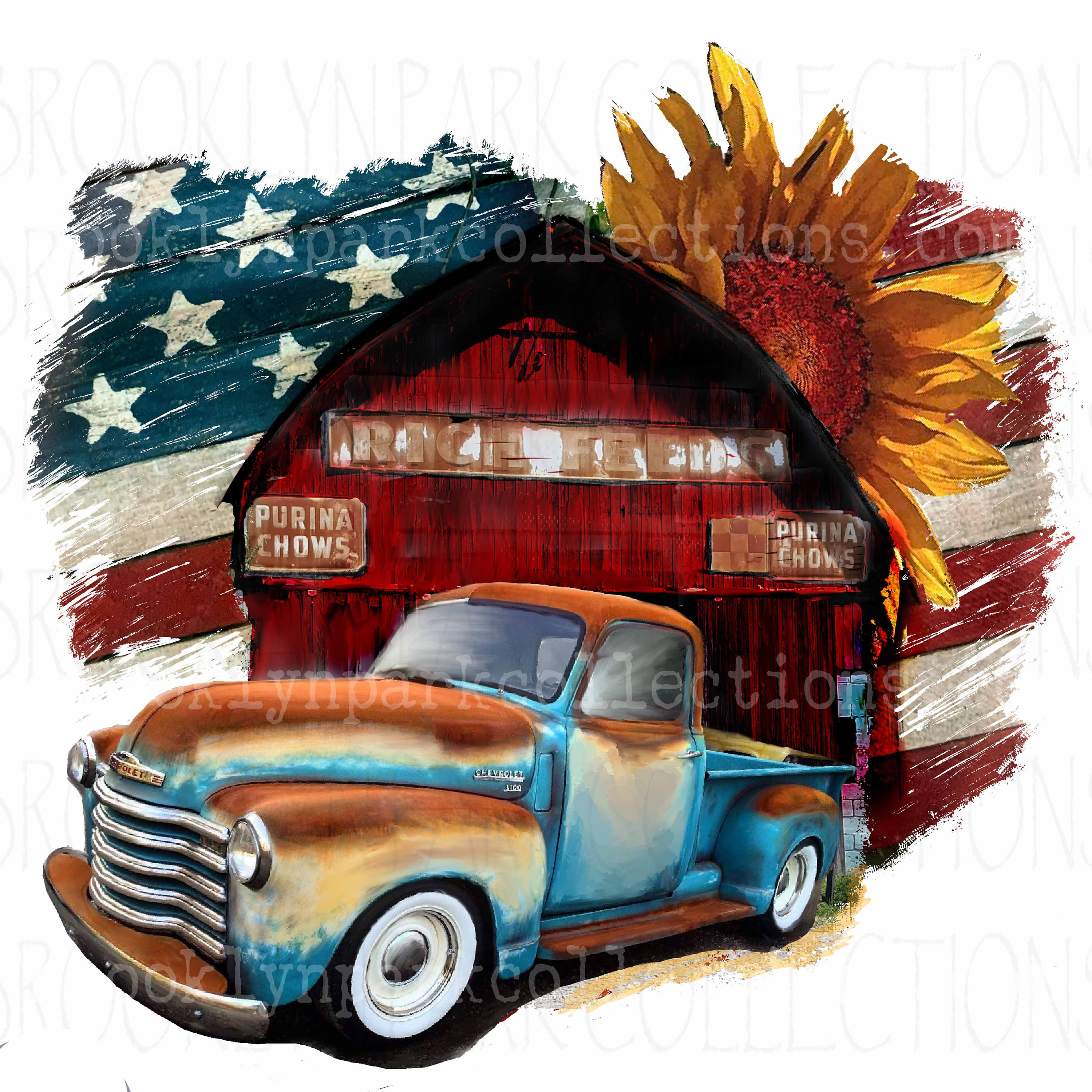 Vintage Barn, Rustic Truck, USA Flag, Sunflower, Instant Digital Down…