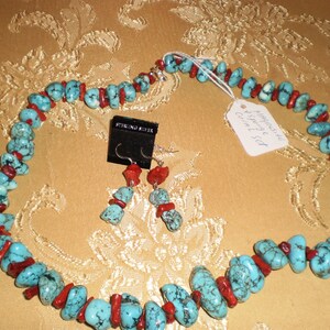 Large chunky Magnesite Turquoise and Sponge Coral Necklace Set image 3