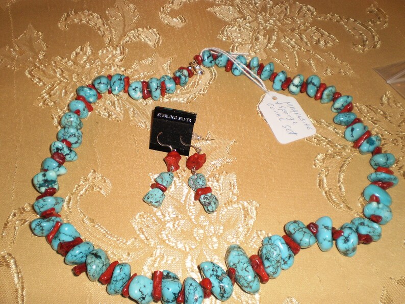 Large chunky Magnesite Turquoise and Sponge Coral Necklace Set image 3