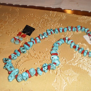 Large chunky Magnesite Turquoise and Sponge Coral Necklace Set image 1