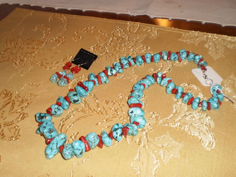 Large chunky Magnesite Turquoise and Sponge Coral Necklace Set image 1