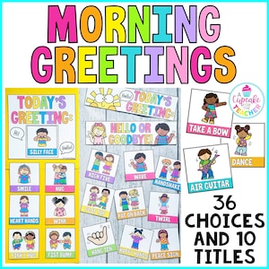 May include: A set of 36 colourful greeting cards for children with 10 different titles. The cards feature illustrations of children performing various greetings like high five, wave, hug, and dance. The cards are perfect for classroom use.