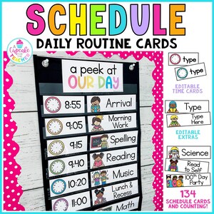 May include: A black and white schedule chart with a peek at our day title. The chart has a pocket for each hour of the day, with a clock face, time, and activity. The activities include arrival, morning work, spelling, reading, music, lunch and recess, and math. There are also editable time cards and extra cards for different activities.