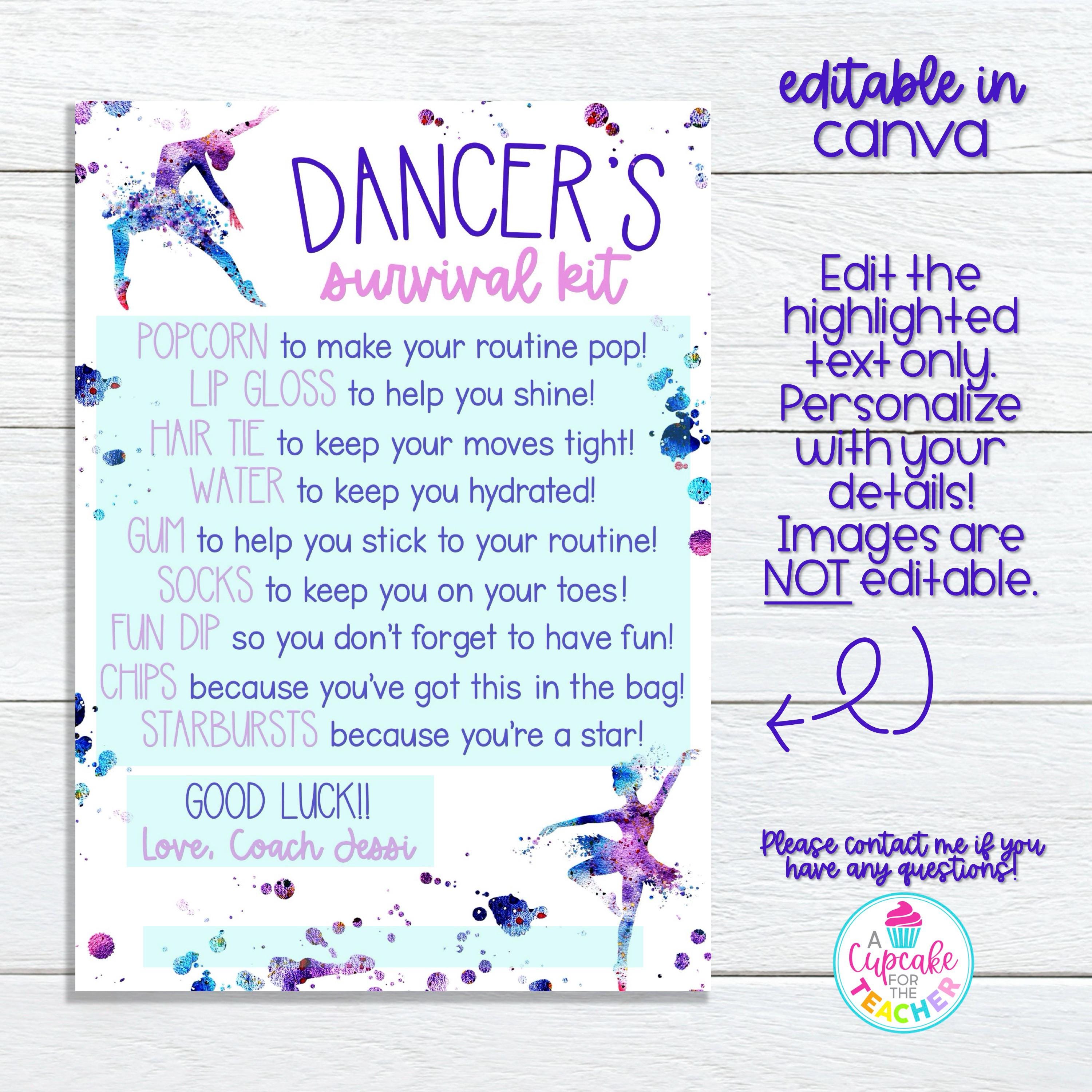 Dance Survival Kit Bag Tag Template | Editable Dancer Gift Tag | Dance ...