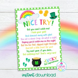 Carta de Armadilha de Leprechaun do Leprechaun | Dia de São Patrício para Imprimir | Nota de Armadilha de Leprechaun para Crianças | Pegue um Leprechaun | Download Instantâneo