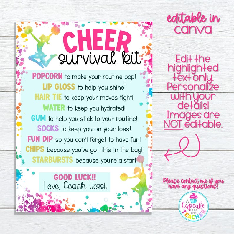 Cheer Survival Kit Bag Tag Template | Editable Cheerleader Gift Tag ...