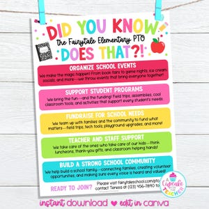 Könnte beinhalten: Ein farbenfrohes Flugblatt für die Fairytale Elementary PTO mit dem Text "Did You Know? Does That?!" Das Flugblatt listet PTO-Aktivitäten auf, darunter die Organisation von Veranstaltungen, die Unterstützung von Programmen, Spendenaktionen und die Unterstützung von Lehrern. Enthält eine rote Apfelgrafik.