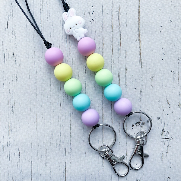 Teacher Lanyard | Easter Bunny Silicone Bead Lanyard | Pastel Rainbow Lanyard | Spring Lanyard | Teacher Gift | Lanyard for ID or Badge Keys
