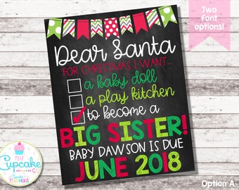 Christmas Big Sister Announcement | Christmas Pregnancy Announcement | Dear Santa Big Sister | Checklist | Chalkboard Photo Prop | Digital