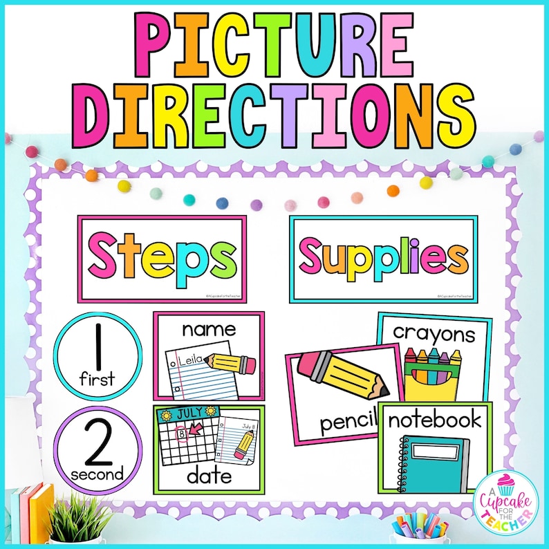 May include: A colorful classroom chart with the words "Picture Directions" at the top. The chart is divided into two sections: "Steps" and "Supplies". The "Steps" section includes a number 1 in a blue circle with the word "first" below it, a number 2 in a blue circle with the word "second" below it, a picture of a pencil and paper with the word "name" below it, and a picture of a calendar with the word "date" below it. The "Supplies" section includes a picture of crayons with the word "crayons" below it, a picture of a pencil with the word "pencil" below it, and a picture of a notebook with the word "notebook" below it.