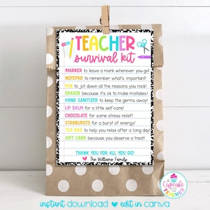 Teacher Survival Kit Bag Tag Template | Editable Teacher Appreciation Gift Tag | Back to School Teacher Gift | PTO PTA Gift | Edit on Canva