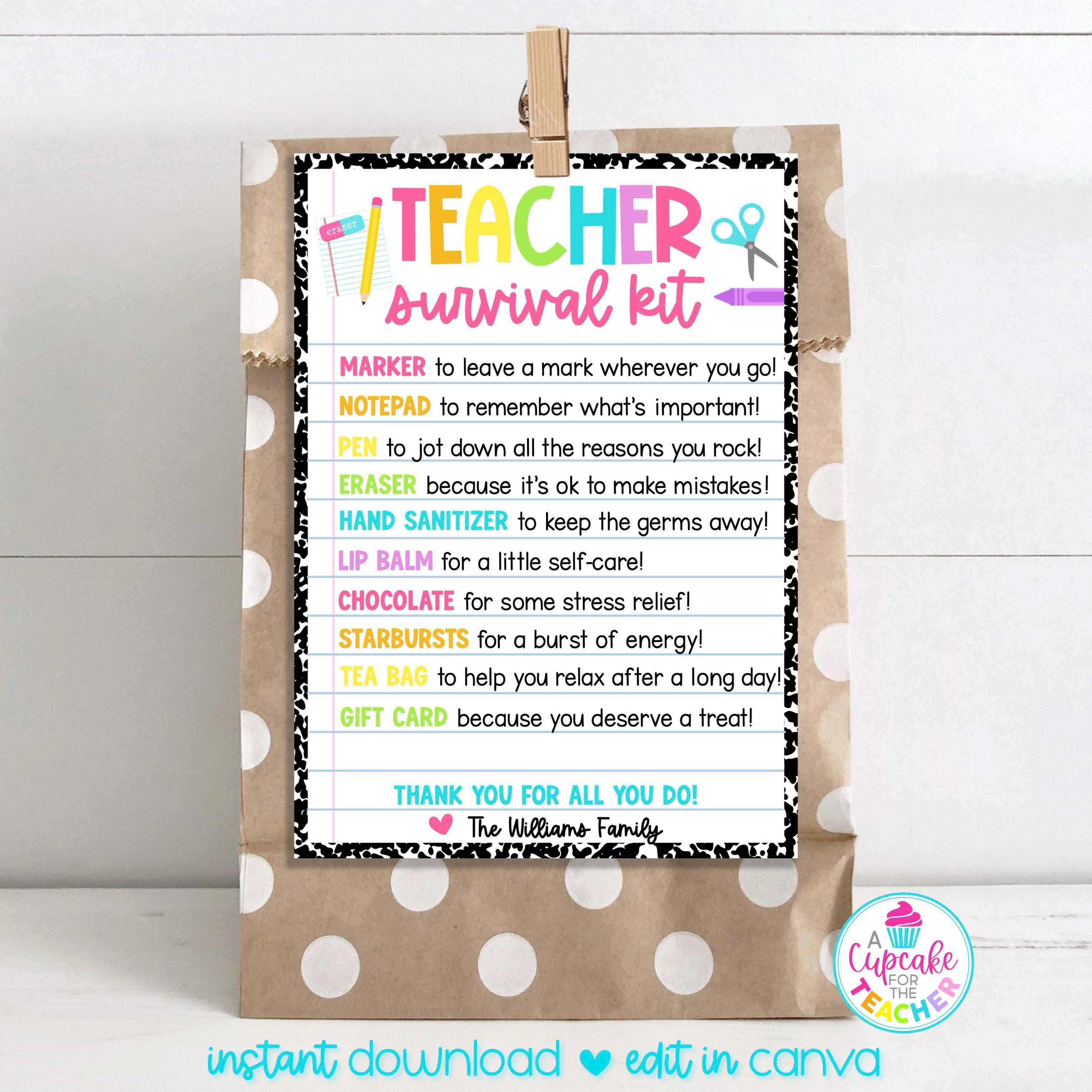 Teacher Survival Kit Bag Tag Template | Editable Teacher Appreciation Gift Tag | Back to School Teacher Gift | PTO PTA Gift | Edit on Canva