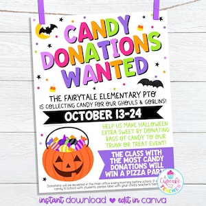 May include: A Halloween poster with the words "CANDY DONATIONS WANTED" in bright colours. The poster features a jack-o'-lantern, bats, and candy corn. It promotes a candy drive for a school's Halloween event, taking place from October 13-24.