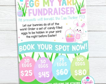 Egg My Yard Fundraiser Template | Editable PTO Easter Egg Hunt Fundraiser Flyer | PTO PTA Spring Fundraiser Booster Event | Edit on Canva