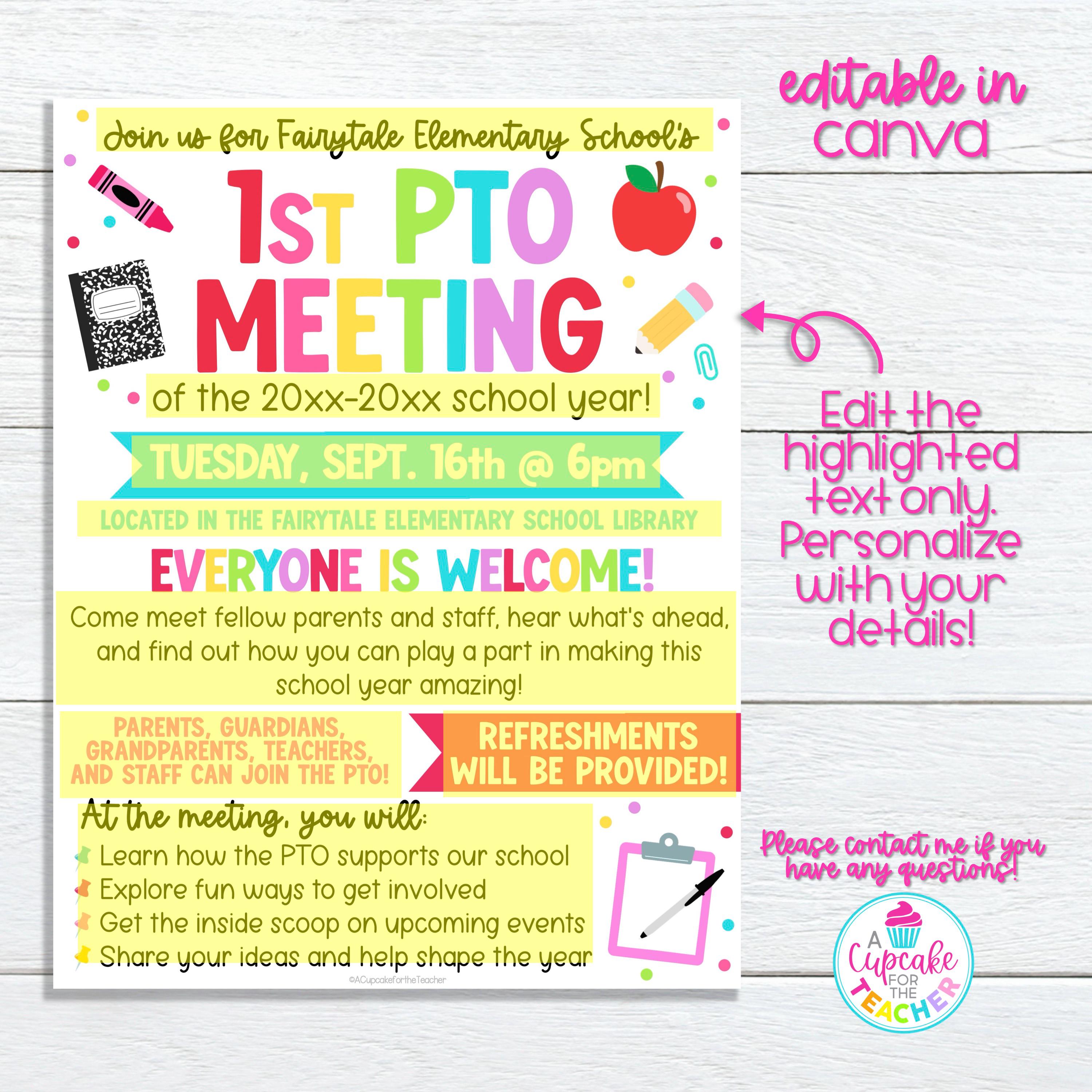 Editable First PTO Meeting Flyer Template | Back to School PTO PTA ...