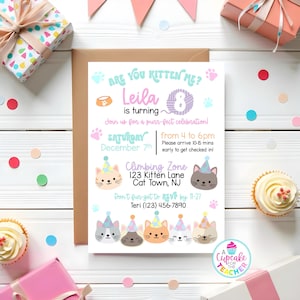 May include: A pink and blue birthday invitation with a cat theme. The invitation reads "Are you kitten me? Leila is turning 8." It includes a date, time, and location for the party. The invitation also features a variety of cute cats wearing party hats.