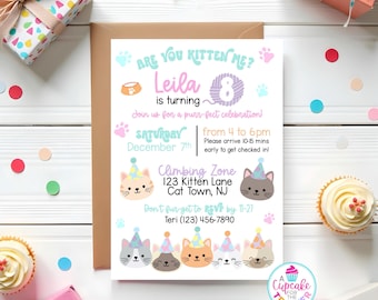 May include: A pink and blue birthday invitation with a cat theme. The invitation says "Are you kitten me? Leila is turning 8." It includes a date, time, and location for the party. The invitation also features a variety of cute cats wearing party hats.