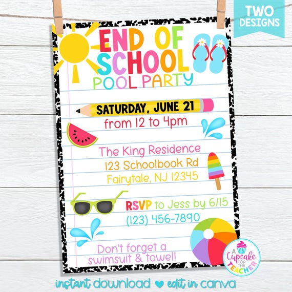 End of School Party Invitation | Editable Summer Pool Party Invite | School's Out Party Invite Template | Summer Party | Edit on Canva