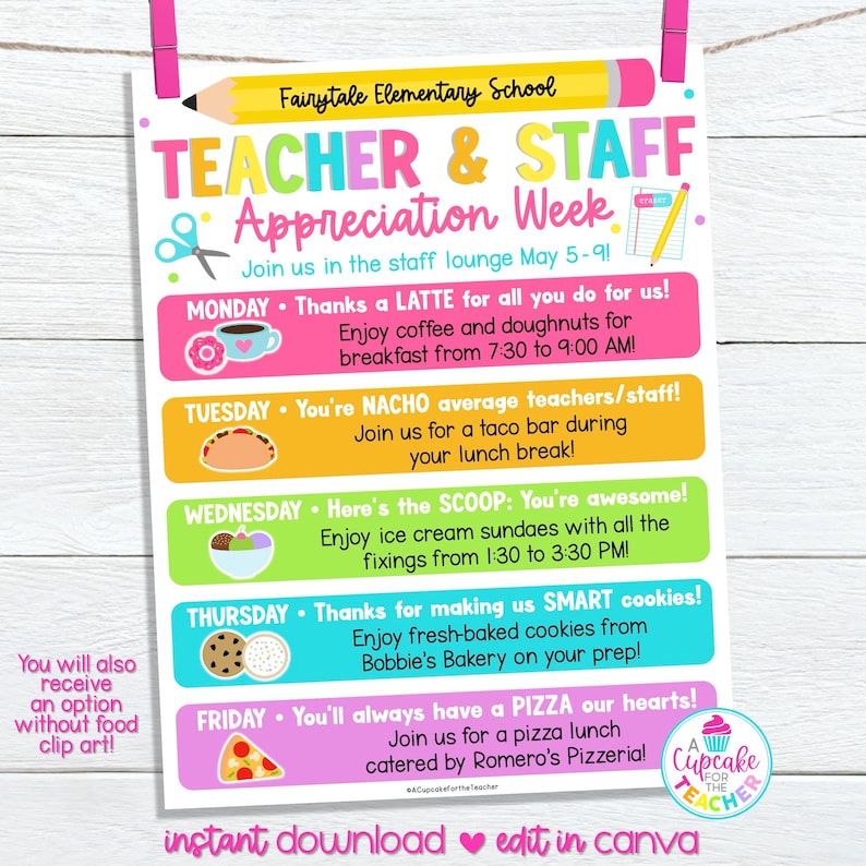 May include: A printable poster with a pink, green and yellow colour scheme. It says "Teacher & Staff Appreciation Week" and lists daily activities for each day of the week, including coffee and doughnuts, tacos, ice cream sundaes, cookies and pizza. The poster also includes a cupcake graphic with the text "A Cupcake for the Teacher".