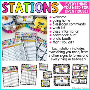May include: A classroom open house kit featuring colourful signs, forms, and labels with a black and white composition notebook pattern. Includes text like STATIONS, VOLUNTEERS, MYSTERY READER, and various supply labels, plus plush glue and crayon characters.