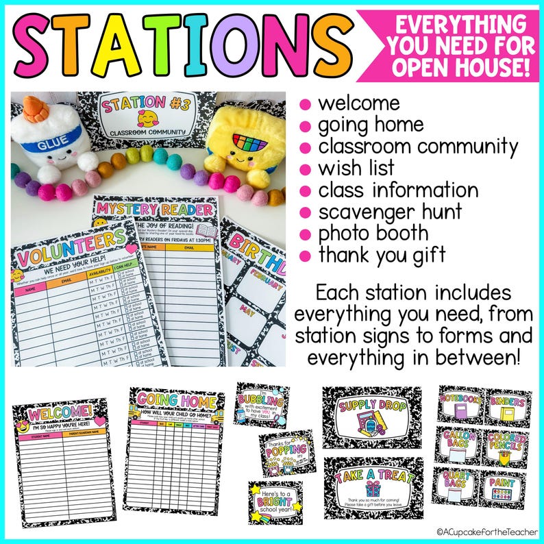 May include: A classroom open house kit featuring colourful signs, forms, and labels with a black and white composition notebook pattern. Includes text like STATIONS, VOLUNTEERS, MYSTERY READER, and various supply labels, plus plush glue and crayon characters.