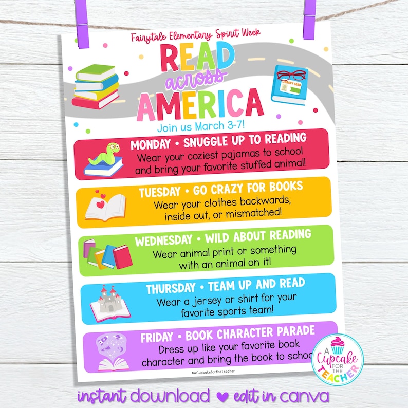 Reading Program Pto Reading America School Spirit Week Flyer Template | Editable Reading ...