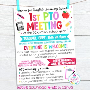 Editable First PTO Meeting Flyer Template | Back to School PTO PTA Invitation | Join Parent Teacher Organization Association | Edit in Canva