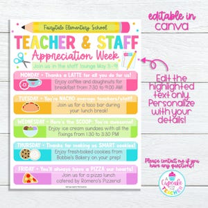 May include: A printable teacher appreciation week schedule with a colourful design. The schedule includes a different theme for each day of the week, such as "Thanks a Latte" and "You're Nacho Average Teachers".