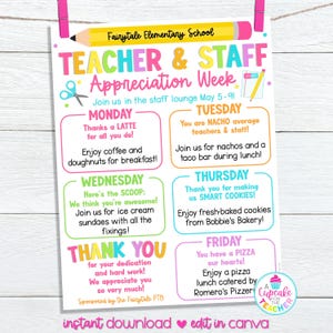 Editable Teacher Appreciation Week Flyer Template | Teacher & Staff Appreciation Schedule Itinerary | PTO PTA Event Newsletter | Edit Canva