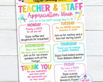 Editable Teacher Appreciation Week Flyer Template | Teacher & Staff Appreciation Schedule Itinerary | PTO PTA Event Newsletter | Edit Canva