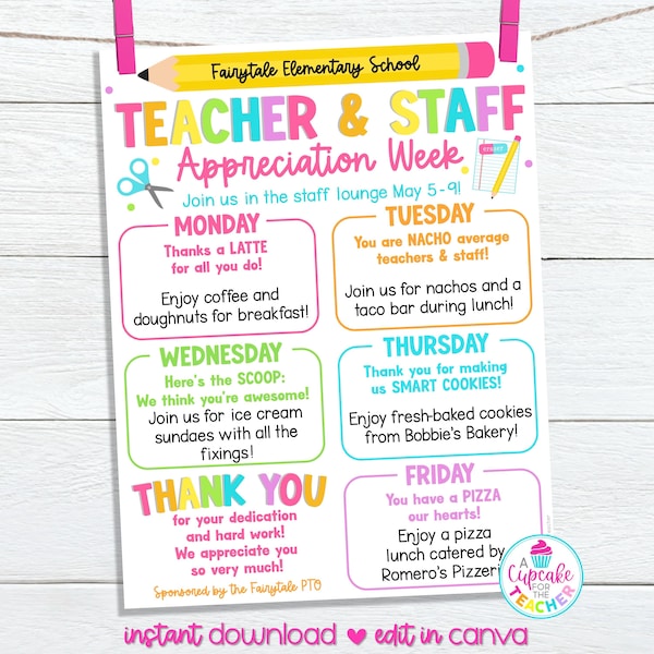 Editable Teacher Appreciation Week Flyer Template | Teacher & Staff Appreciation Schedule Itinerary | PTO PTA Event Newsletter | Edit Canva