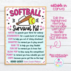Pu&ograve; includere: Un cartello stampabile per un kit di sopravvivenza per il softball con uno schema di colori rosa e giallo. Il cartello presenta una grafica di una palla da softball e una mazza e un elenco di articoli per un kit di sopravvivenza per un giocatore di softball, tra cui acqua, Starbursts, chewing gum, Smarties, un elastico per capelli, Fun Dip, un Blow Pop, un centesimo e patatine fritte. Il testo "Buona fortuna! Dall'allenatore Melissa" &egrave; in fondo al cartello.