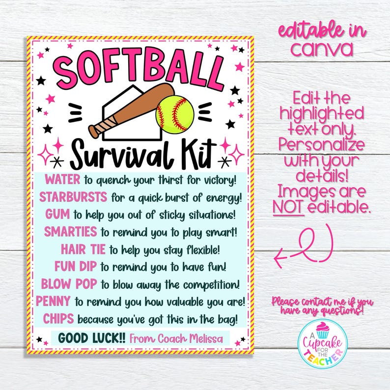 Pu&ograve; includere: Un cartello stampabile per un kit di sopravvivenza per il softball con uno schema di colori rosa e giallo. Il cartello presenta una grafica di una palla da softball e una mazza e un elenco di articoli per un kit di sopravvivenza per un giocatore di softball, tra cui acqua, Starbursts, chewing gum, Smarties, un elastico per capelli, Fun Dip, un Blow Pop, un centesimo e patatine fritte. Il testo "Buona fortuna! Dall'allenatore Melissa" &egrave; in fondo al cartello.