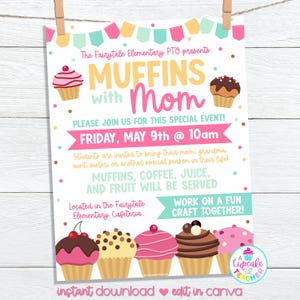 Muffins With Mom Flyer Template | Bearbeitbare Schule Muttertagsfeier Einladen | PTO PTA Muttertags Brunch Event | Auf Canva bearbeiten