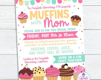 Plantilla de volante "Muffins con mamá" / Invitación editable para celebración del Día de la Madre en la escuela / Evento de brunch del Día de la Madre de la PTO/PTA / Editar en Canva