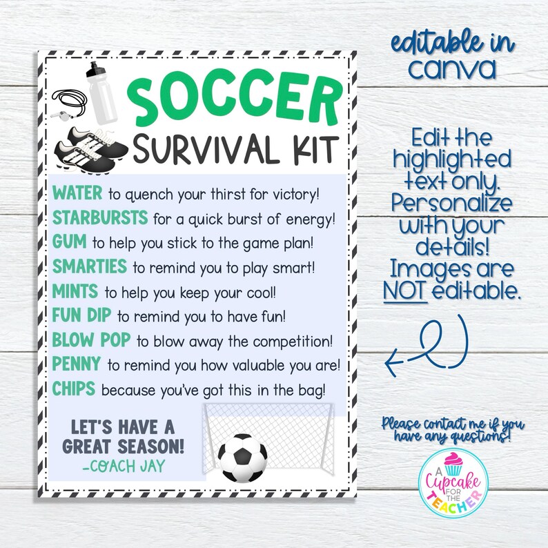 Soccer Survival Kit Bag Tag Template | Editable Soccer Player Gift Tag ...