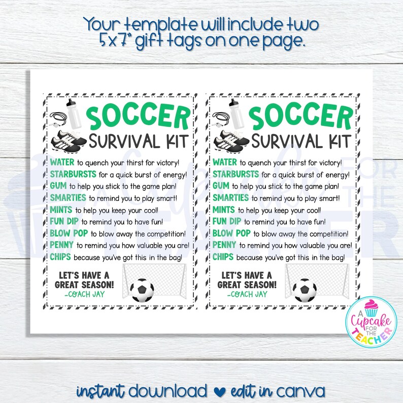 Soccer Survival Kit Bag Tag Template | Editable Soccer Player Gift Tag ...