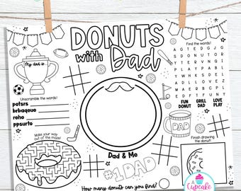 May include: A black and white printable activity sheet for Father's Day with the words "Donuts with Dad" at the top. The sheet includes a word search, a maze, a donut-themed connect-the-dots, and a space to draw a donut.