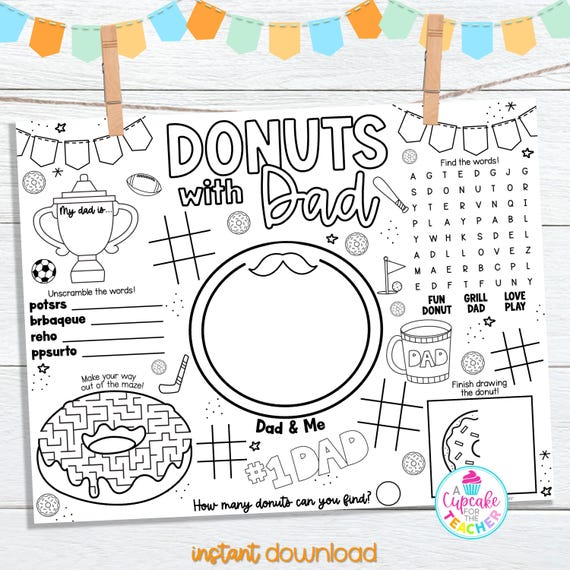 Donuts With Dad Coloring Activity Placemat | Father's Day Craft Coloring Page | PTO PTA Father's Day Event | Kids Activity Mat
