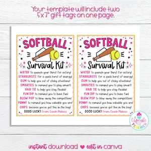 Pu&ograve; includere: Due etichette regalo stampabili rosa e bianche a tema softball. Le etichette recitano "Softball Survival Kit" e elencano articoli come acqua, Starbursts, chewing gum, Smarties, elastico per capelli, Fun Dip, Blow Pop, un centesimo e patatine. Il testo "Buona fortuna! Dall'allenatore Melissa" &egrave; in fondo a ciascuna etichetta.
