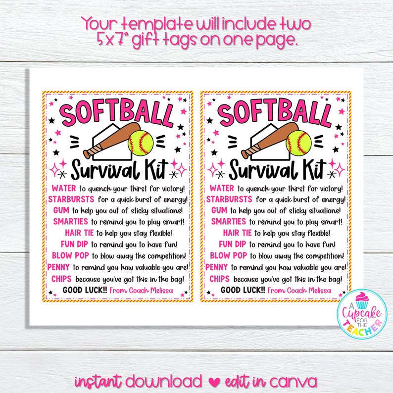 Pu&ograve; includere: Due etichette regalo stampabili rosa e bianche a tema softball. Le etichette recitano "Softball Survival Kit" e elencano articoli come acqua, Starbursts, chewing gum, Smarties, elastico per capelli, Fun Dip, Blow Pop, un centesimo e patatine. Il testo "Buona fortuna! Dall'allenatore Melissa" &egrave; in fondo a ciascuna etichetta.