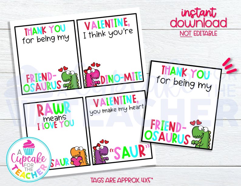 May include: Set of ten printable Valentine's Day cards featuring dinosaur illustrations and puns. The cards are designed in a bright color scheme with pink, blue, green, and yellow. The text on the cards includes phrases like "Thank you for being my friend-osaurus" and "Rawr means I love you".