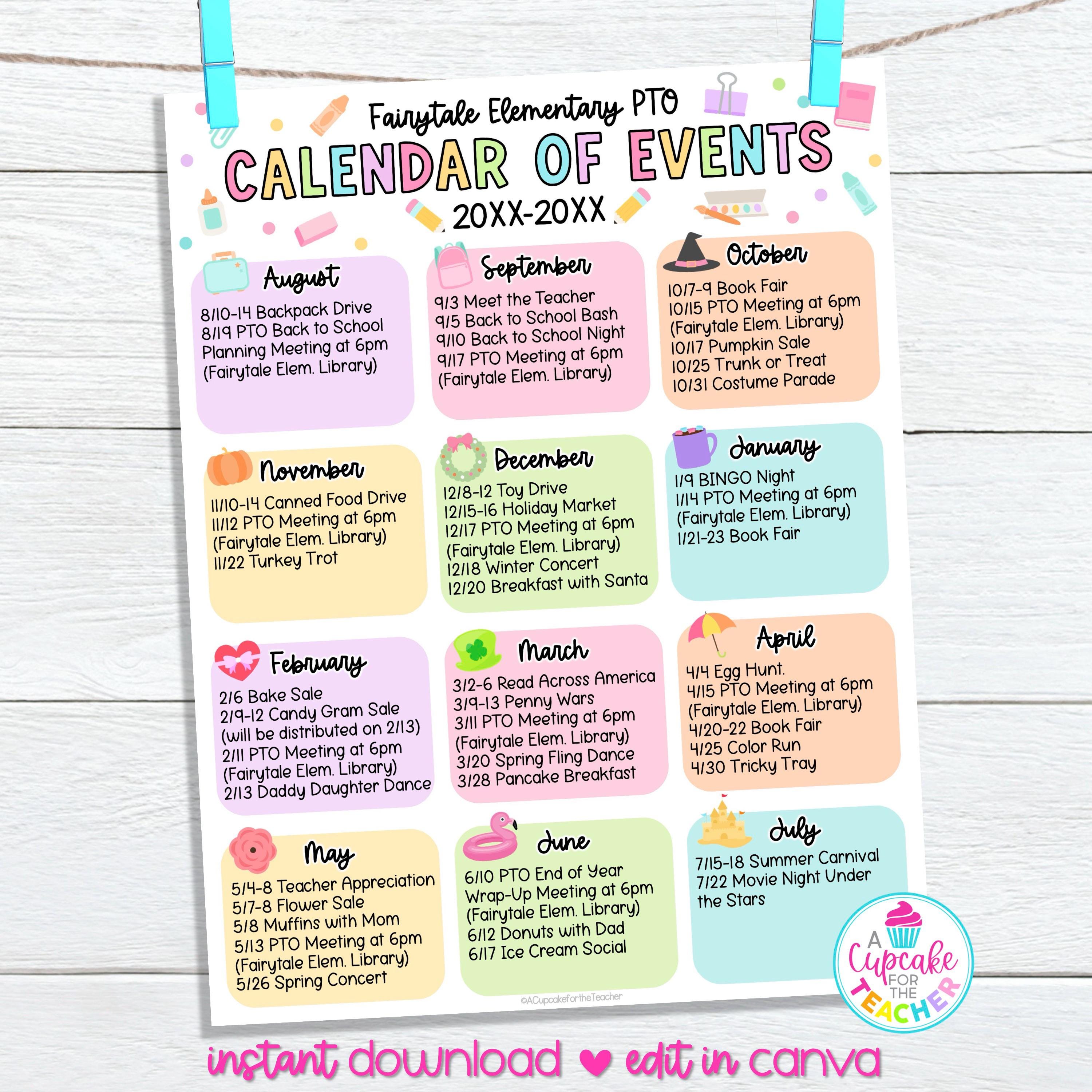 Editable PTO Calendar Flyer Template | School Event Planner | PTO PTA Newsletter Monthly Yearly Calendar of Events | Edit in Canva